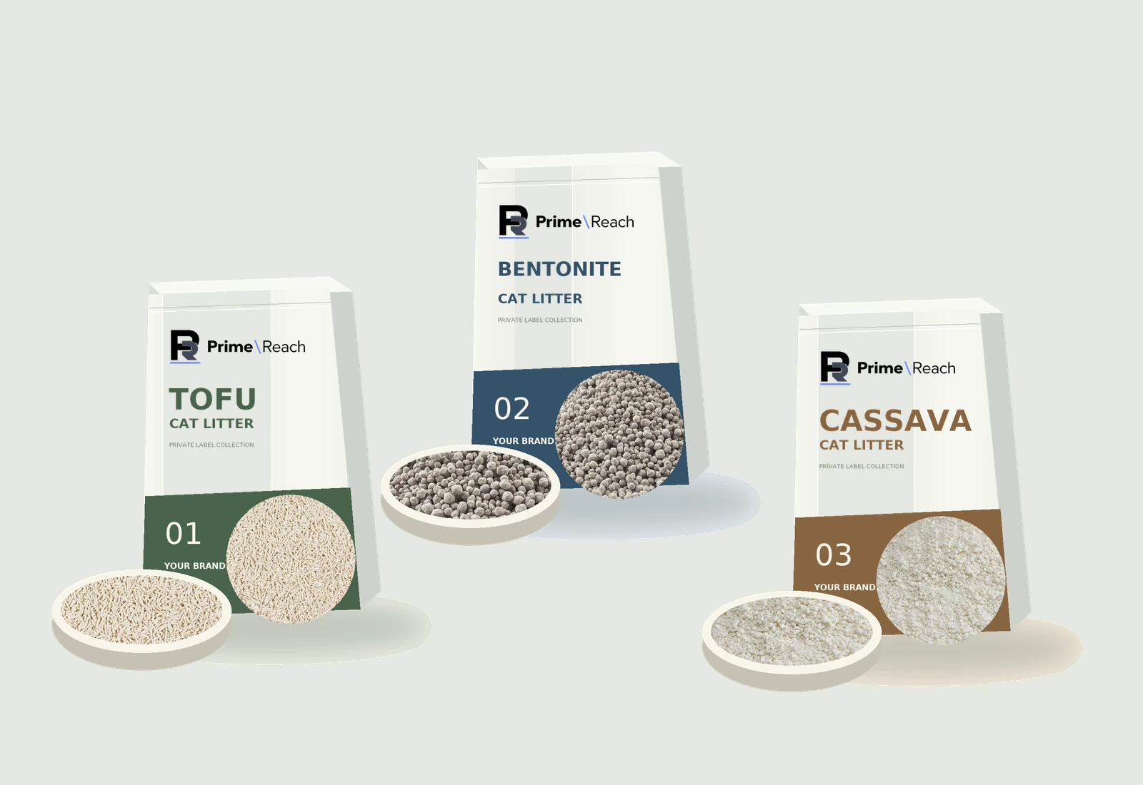 Three coordinated PrimeReach packaging concept illustrations
