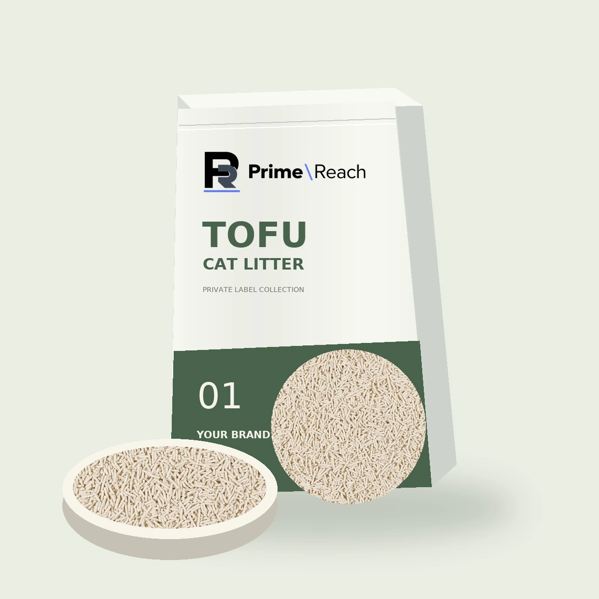 Tofu Cat Litter concept packaging with reference granule photographs